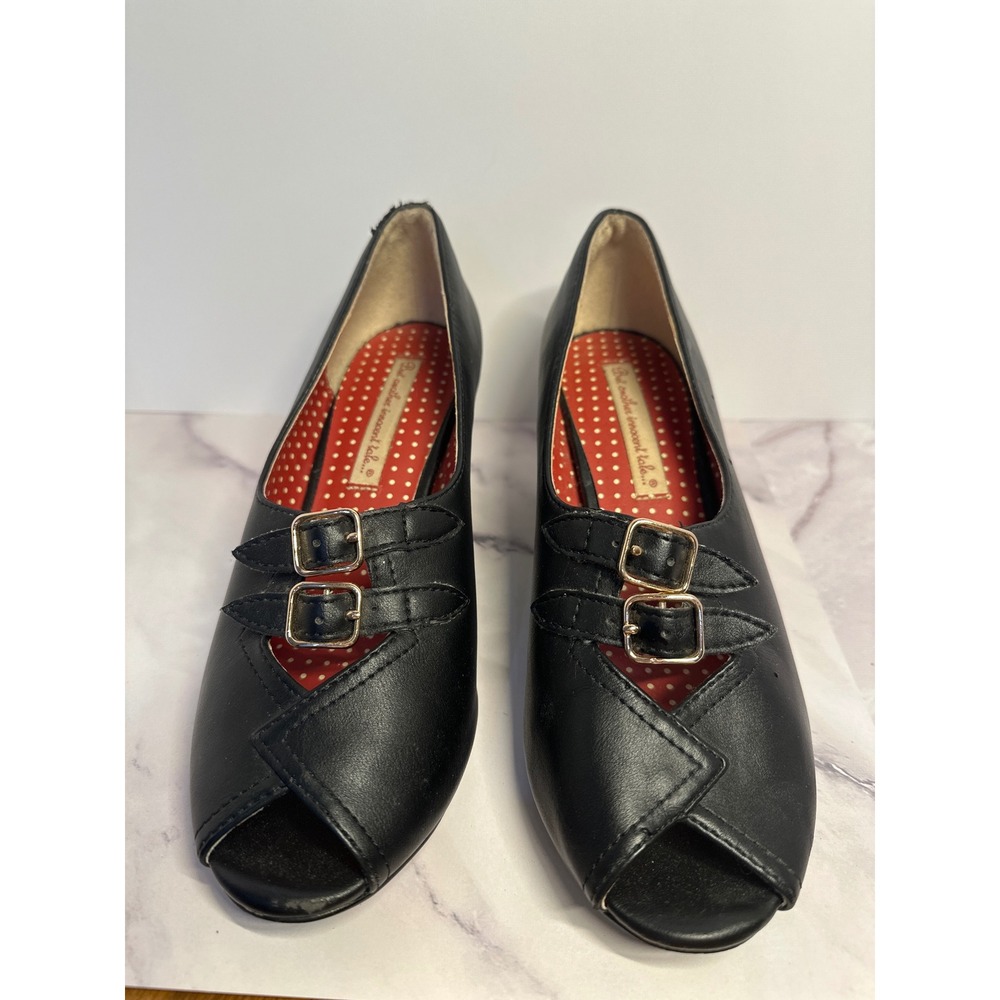 Vintage-look Peep Toe Heels with Buckle Detail Red Polka Dot Lining Women's